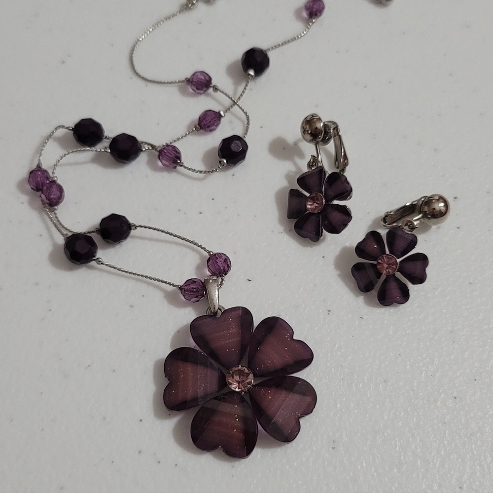 Purple Sparkly Cosmo Flower Necklace & Clip-on Earring Set